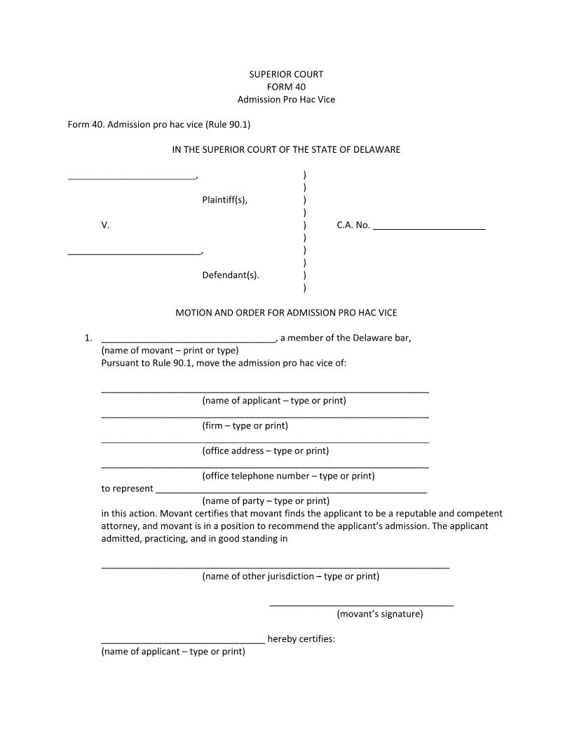 Pro Hac Vice Admission (Form 40) {CIV_CIV_10_A} | Pdf Fpdf Docx | Delaware