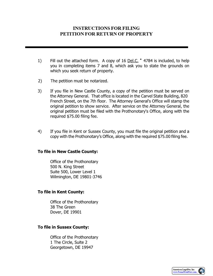 Return Of Property Petition With Instructions {CIV_CIV_04_A} | Pdf Fpdf Docx | Delaware