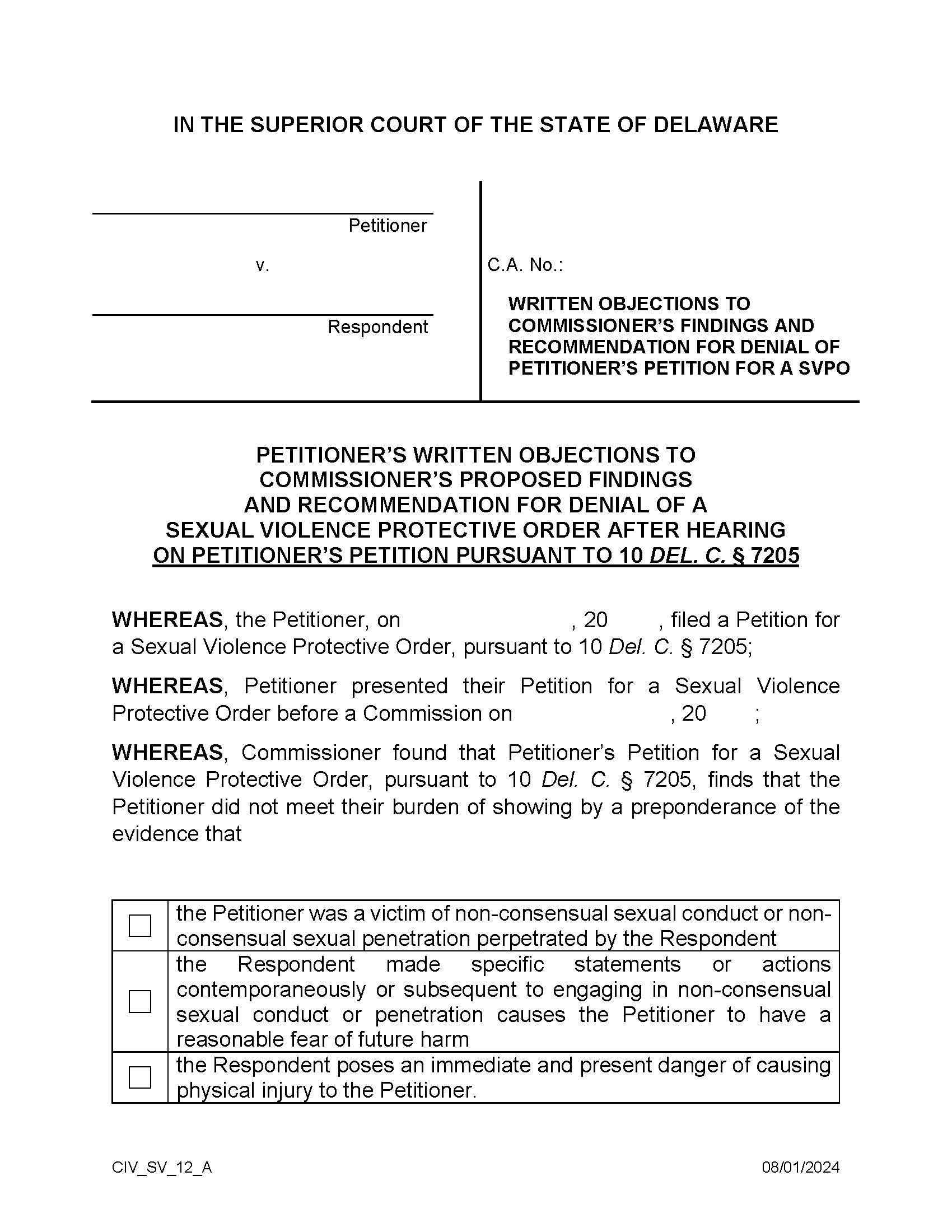 SVPO Form 12 Petitioners Written Objections To Commissioners Proposed Findings (Denial) {CIV_SV_12_A} | Pdf Fpdf Docx | Delaware