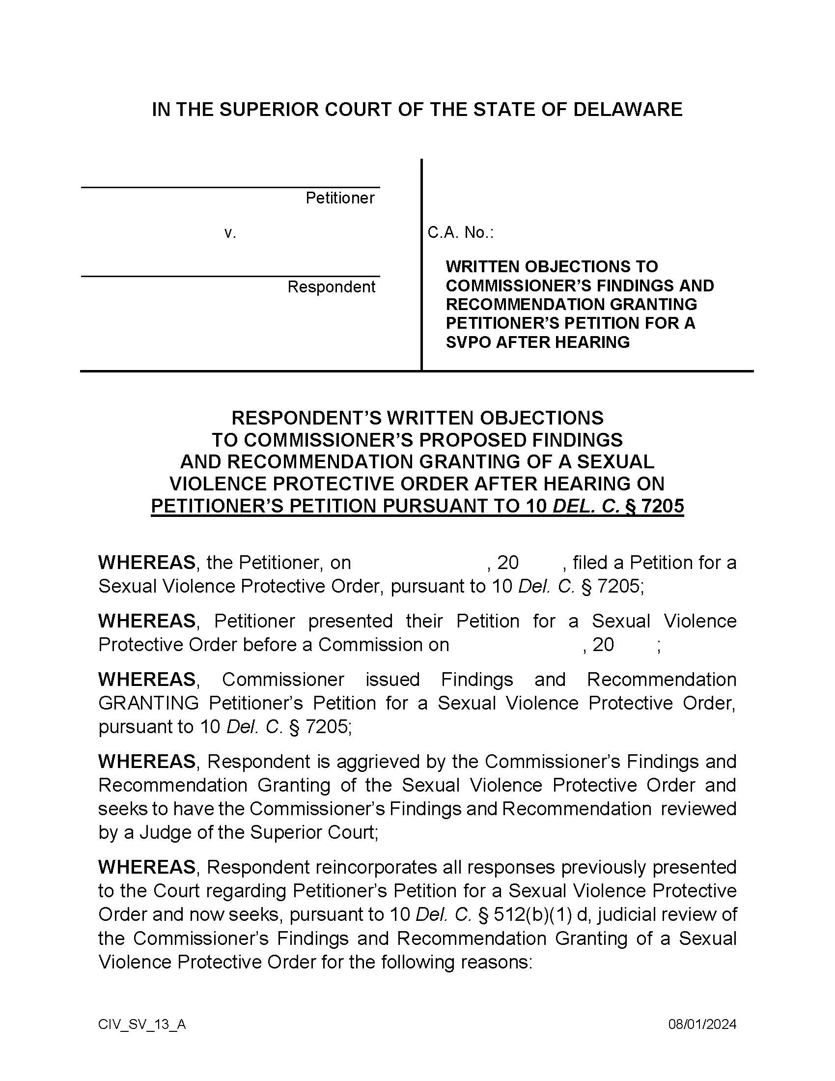 SVPO Form 13 Respondents Written Objections To Commissioners Proposed Findings (Granted) {CIV_SV_13_A} | Pdf Fpdf Docx | Delaware