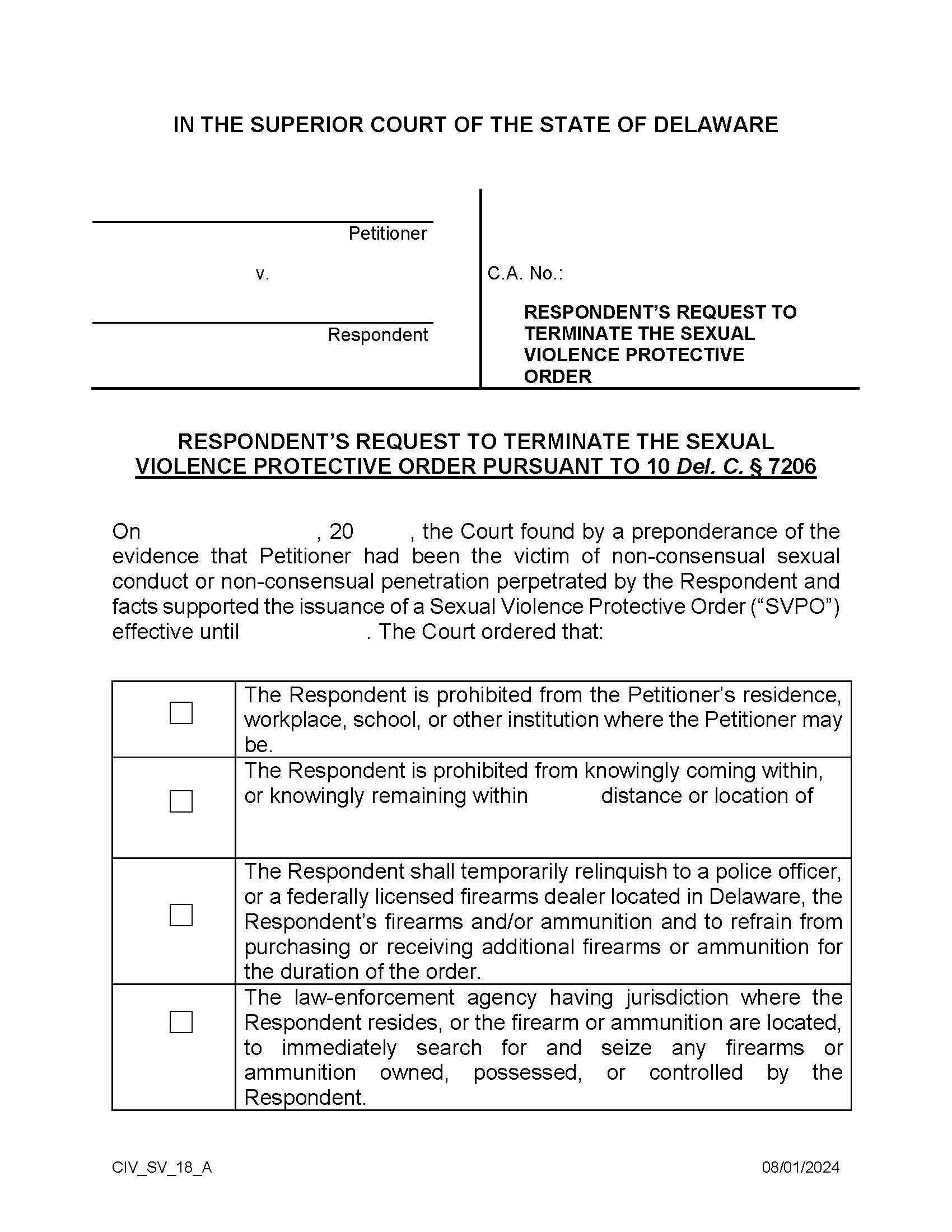 SVPO Form 18 Respondents Request To Terminate Sexual Violence Protective Order {CIV_SV_18_A} | Pdf Fpdf Docx | Delaware