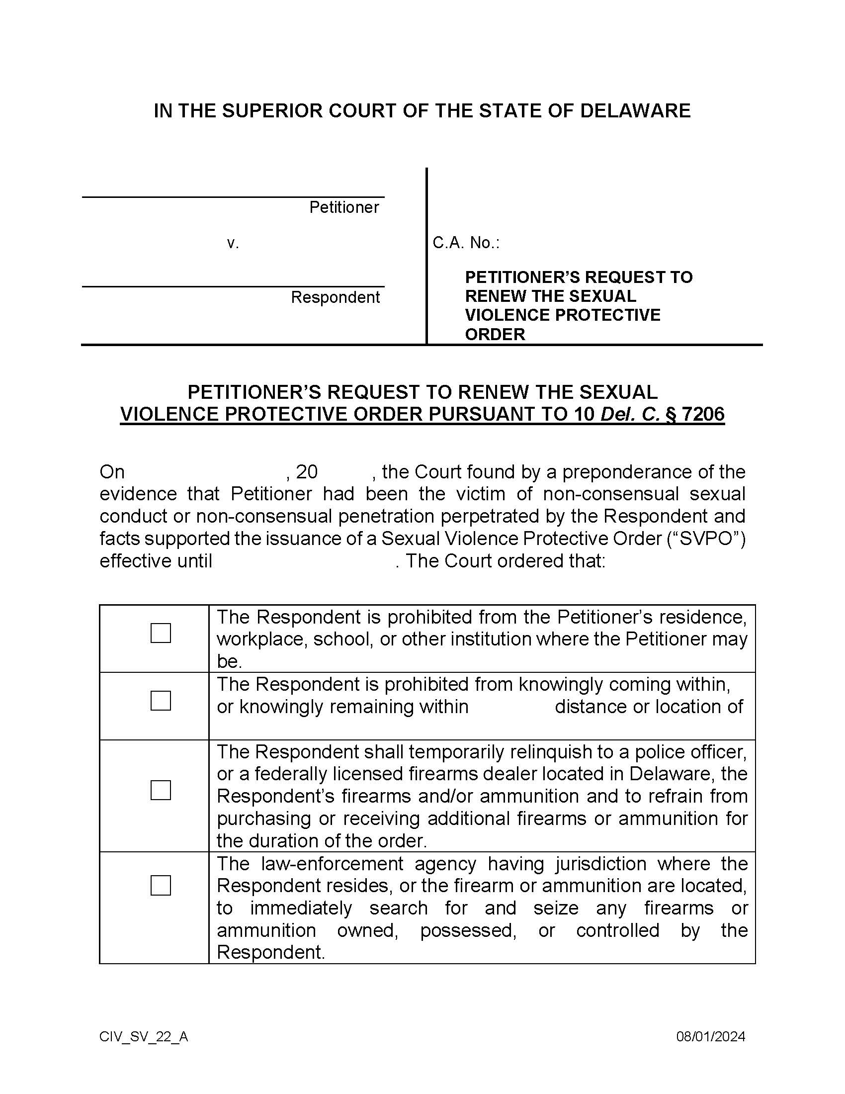 SVPO Form 22 Petitioners Request To Extend Sexual Violence Protective Order {CIV_SV_22_A} | Pdf Fpdf Docx | Delaware