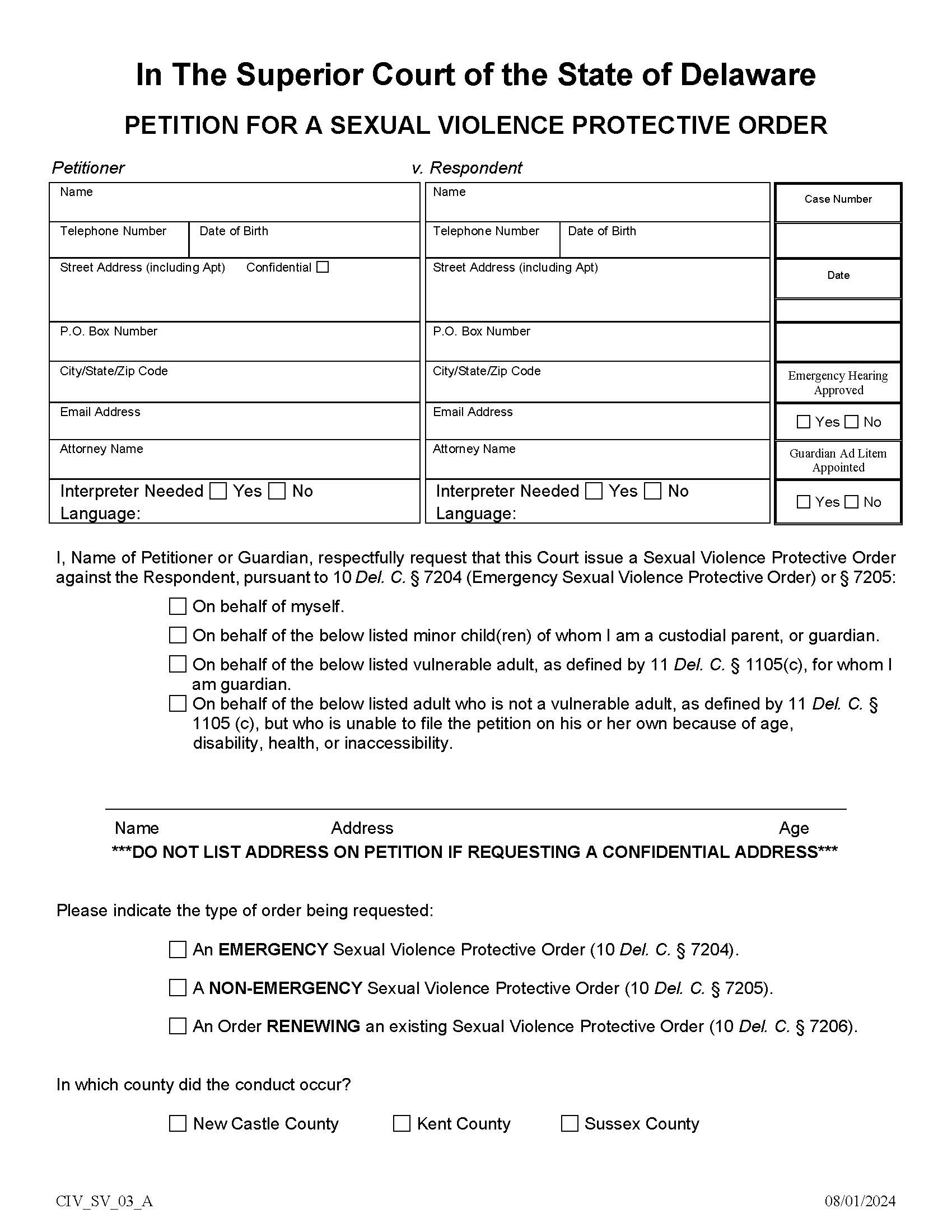 SVPO Form 3 Petition For Sexual Violence Protective Order (Non-Emergency And Emergency) {CIV_SV_03_A} | Pdf Fpdf Docx | Delaware