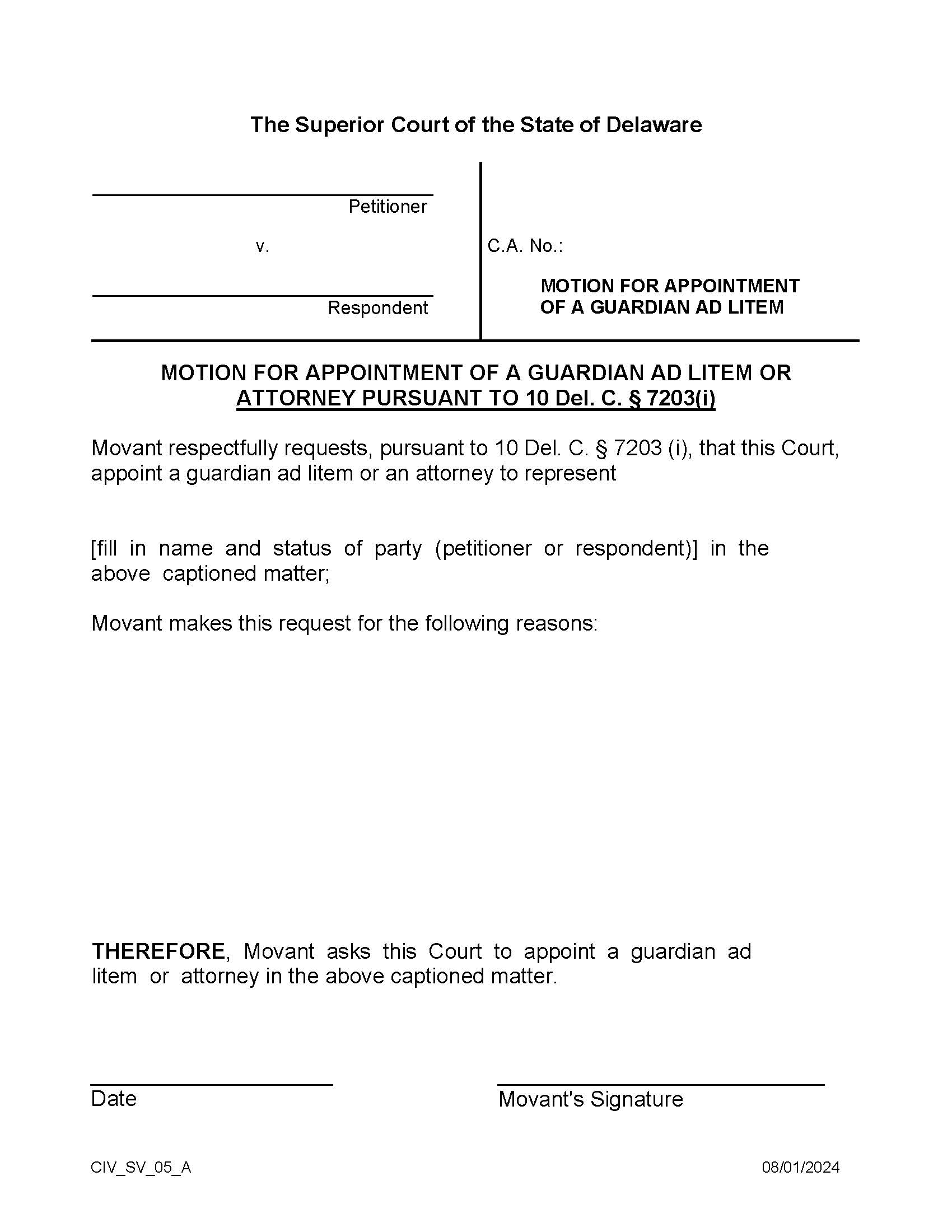 SVPO Form 5 Motion For Appointment Of Guardian Ad Litem {CIV_SV_05_A} | Pdf Fpdf Docx | Delaware