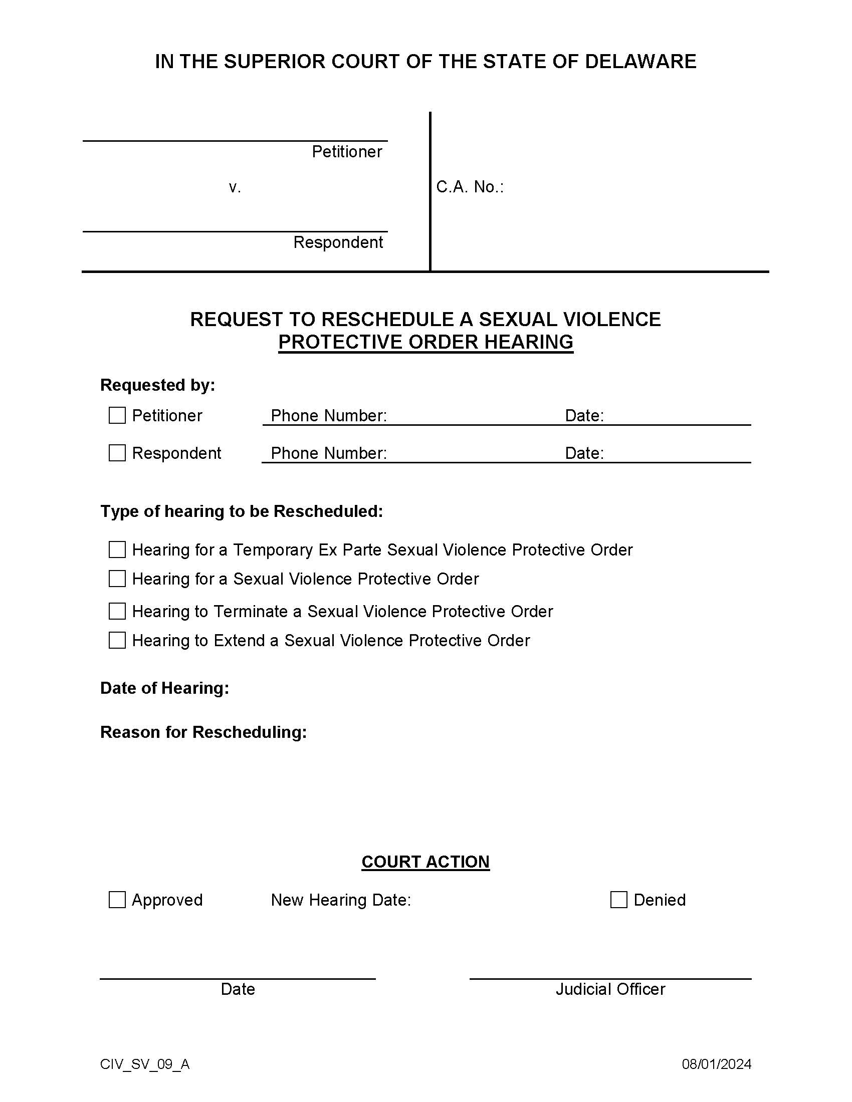 SVPO Form 9 Request To Reschedule A Sexual Violence Protective Order Hearing {CIV_SV_09_A} | Pdf Fpdf Docx | Delaware