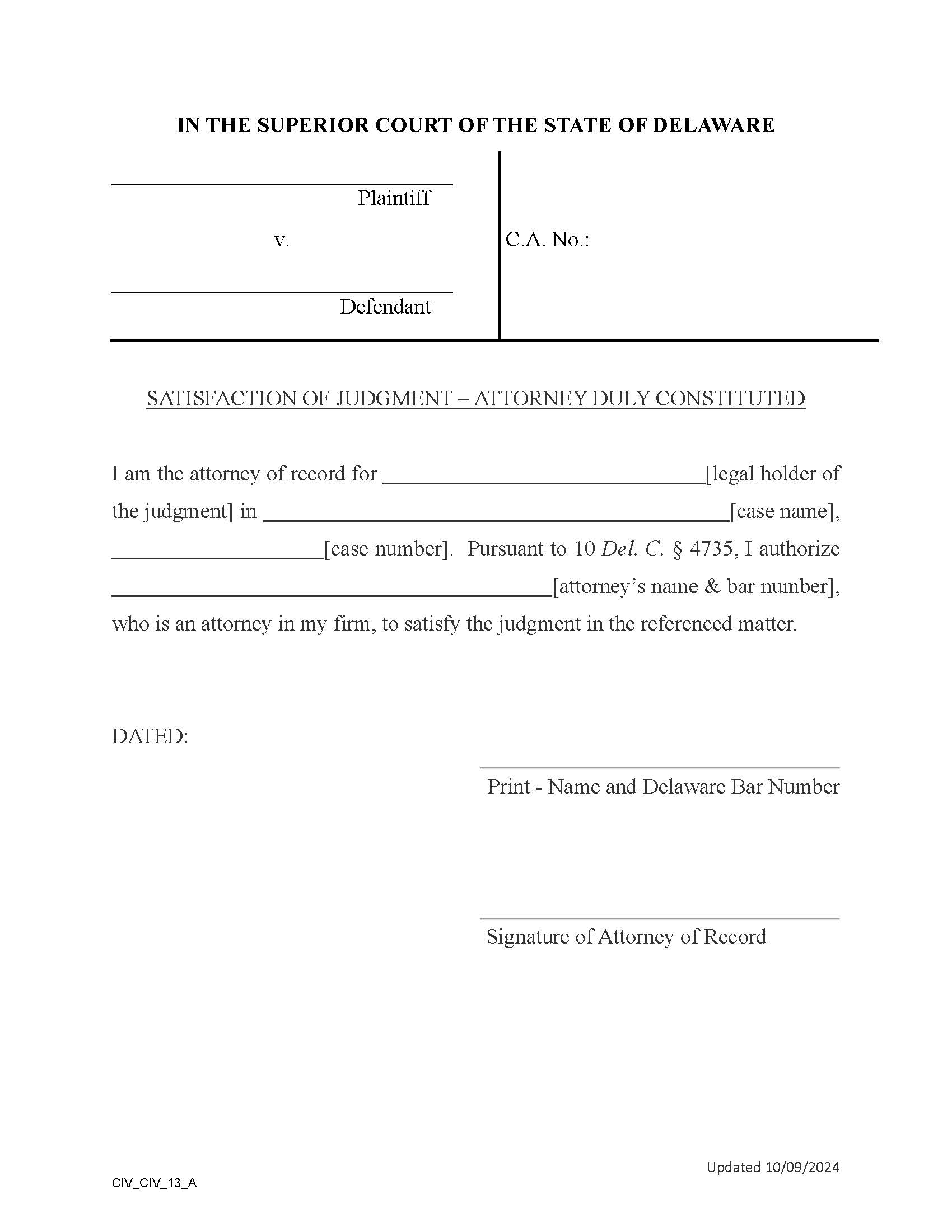 Satisfaction Of Judgment-Attorney Duly Constituted Form {CIV-CIV_13_A} | Pdf Fpdf Docx | Delaware
