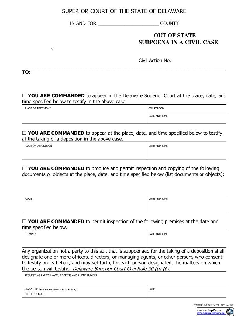 Subpoena Civil-Form (Out of State Subpoena In A Civil Case) {CIV_SUB_01_A} | Pdf Fpdf Docx | Delaware