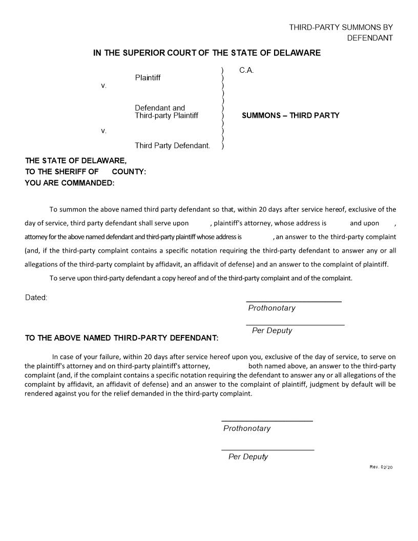 Summons-Defendant Third-Party {CIV_SUM_04_A} | Pdf Fpdf Docx | Delaware