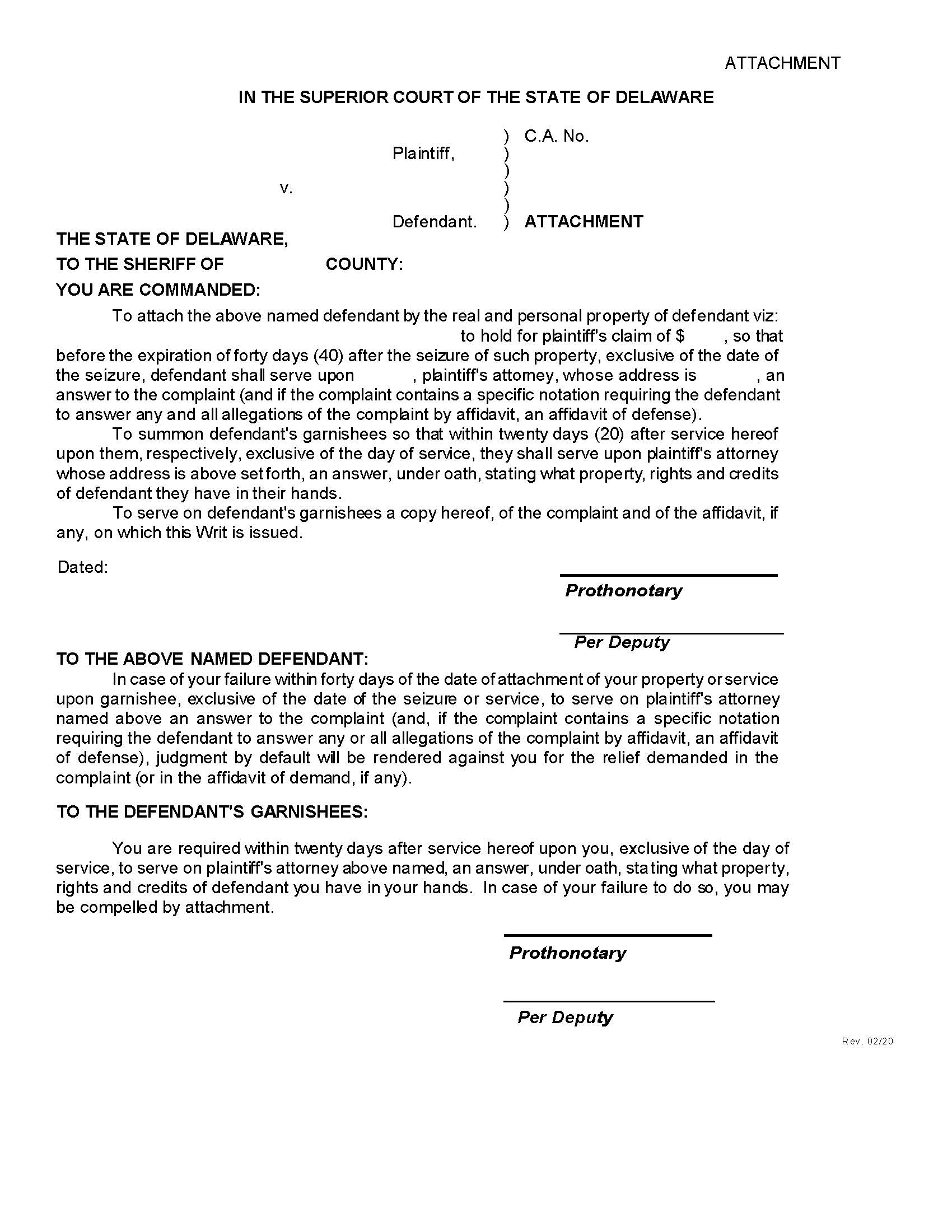Summons-Foreign And Domestic Attachment {CIV_SUM_02_A} | Pdf Fpdf Docx | Delaware