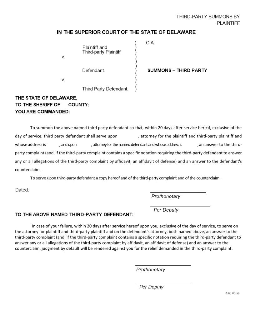 Summons-Plaintiff Third-Party {CIV_SUM_03_A} | Pdf Fpdf Docx | Delaware