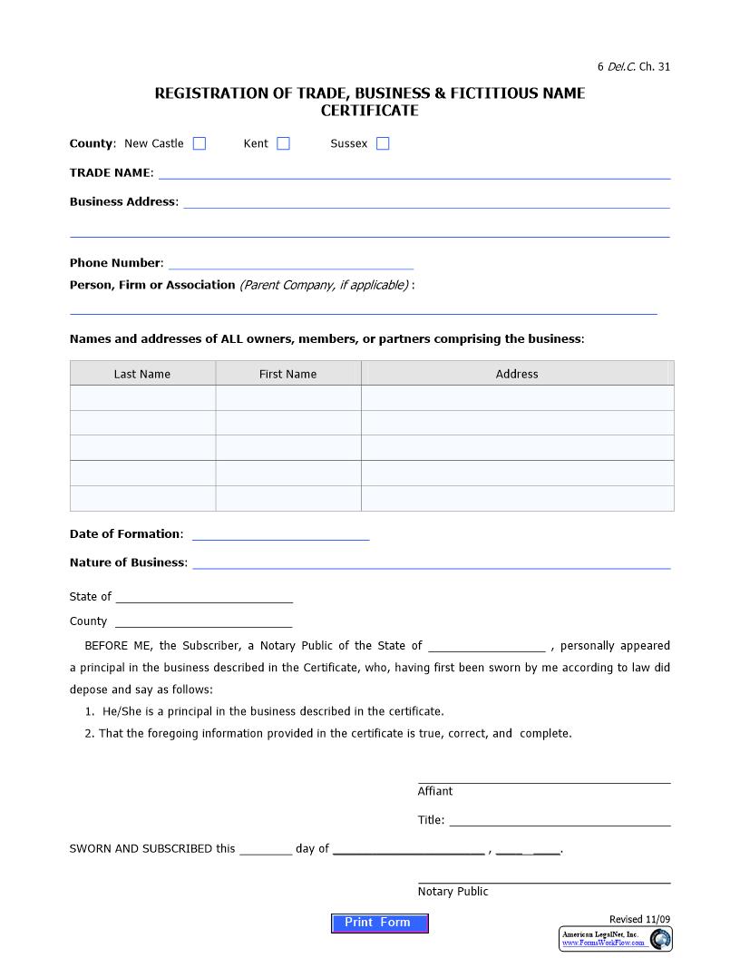 Trade Business And Fictitious Name Registration Certificate {CIV-TBF-02-A}   | Pdf Fpdf Docx | Delaware