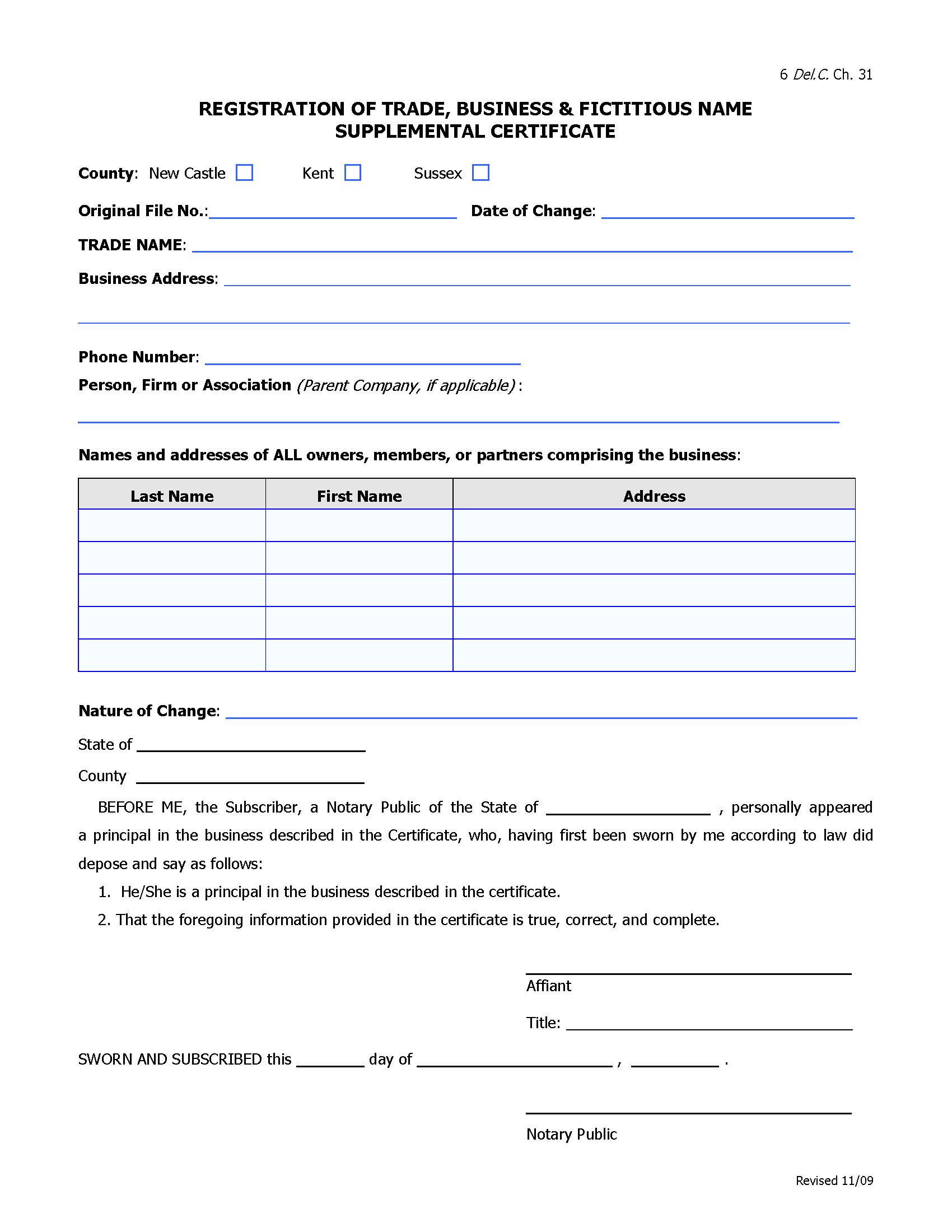Trade Business And Fictitious Name Supplemental Registration Change {CIV-TBF-01-A } | Pdf Fpdf Docx | Delaware