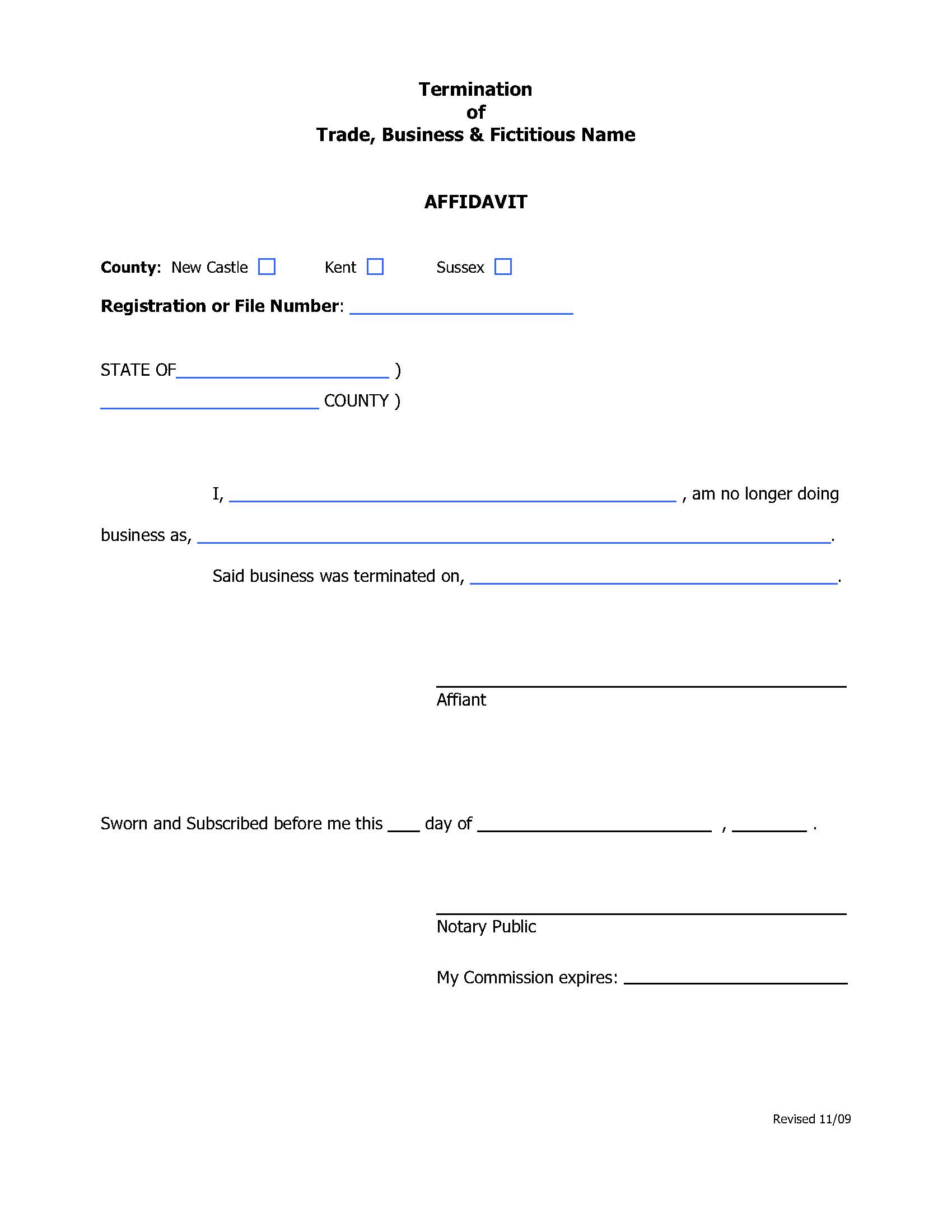 Trade Business And Fictitious Name Termination Affidavit {CIV-TBF-03-A}} | Pdf Fpdf Docx | Delaware