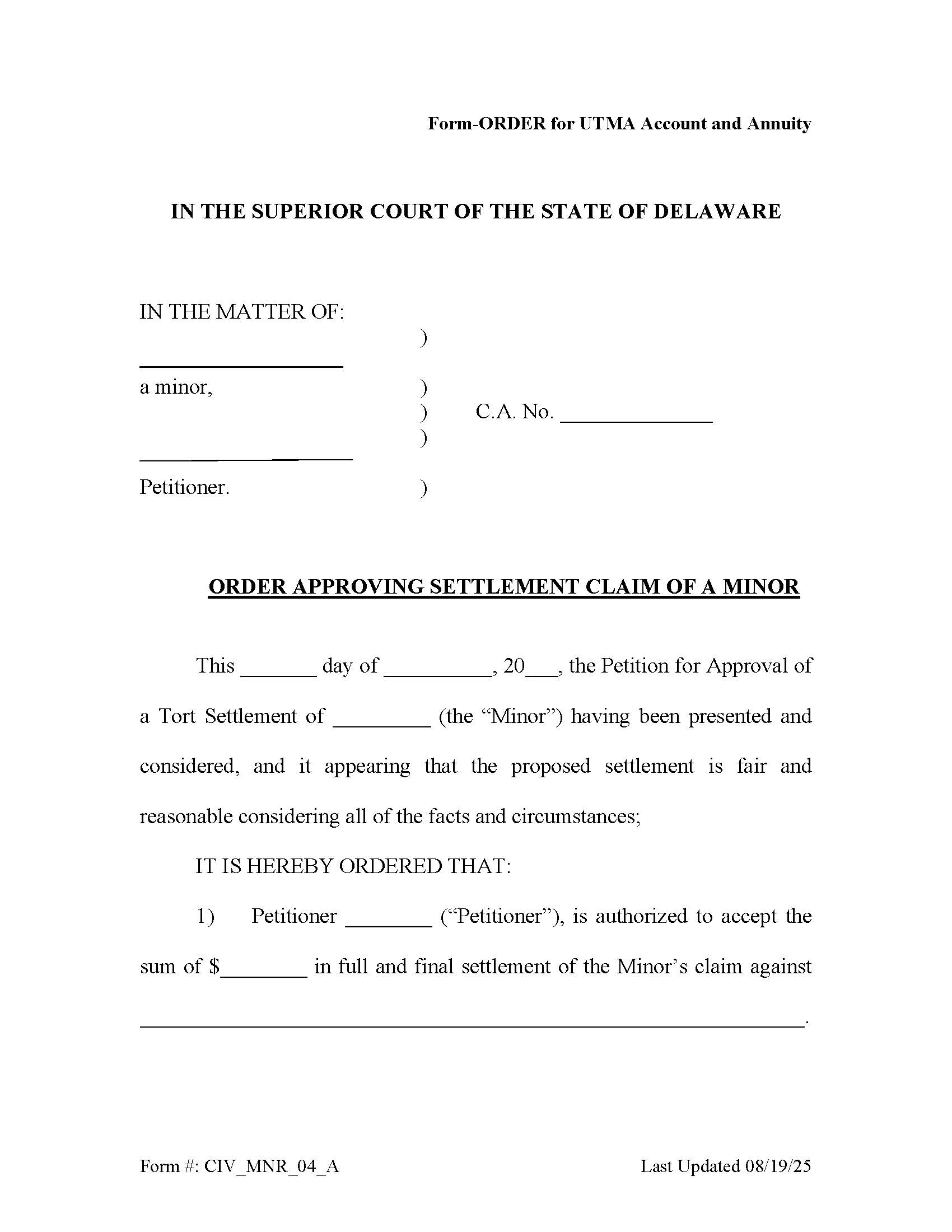 UTMA Account Annuity Order {CIV_MNR_04_A} | Pdf Fpdf Docx | Delaware