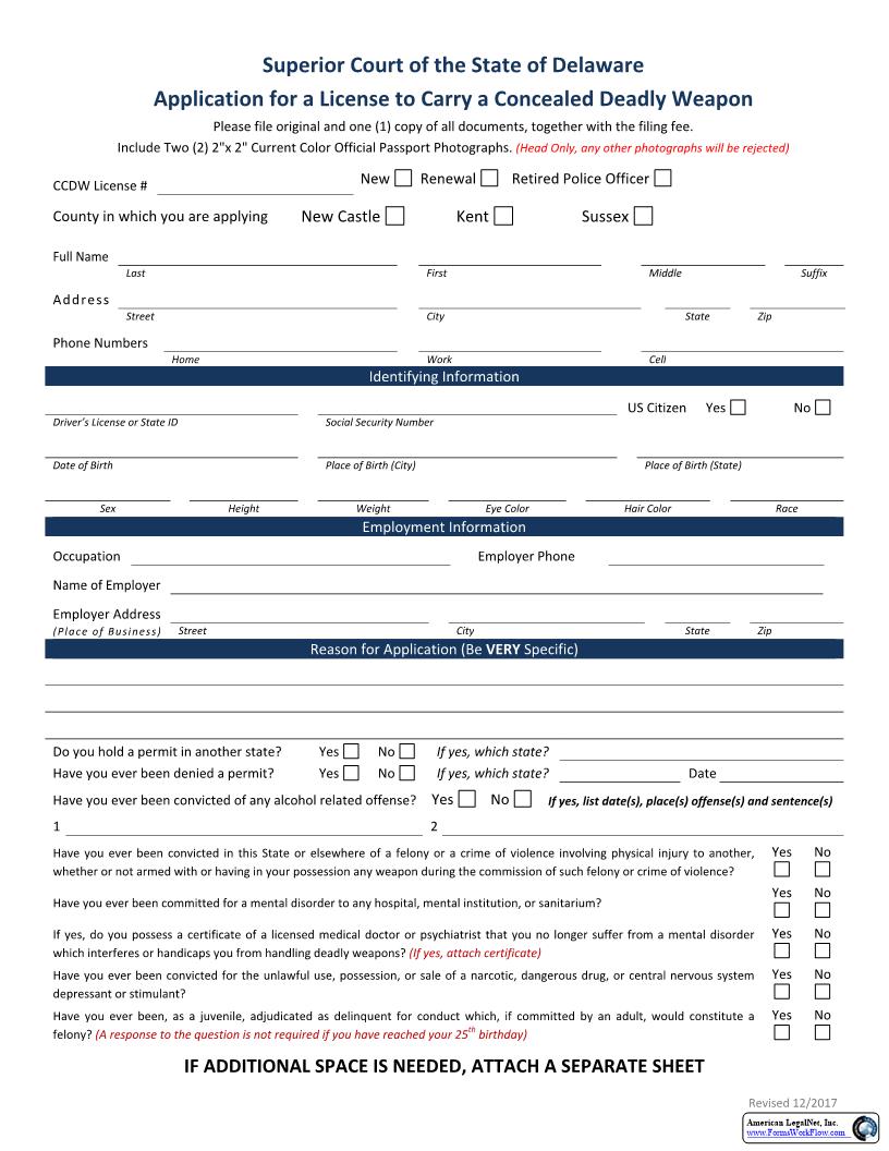 Weapons Application For New-Renewal License To Carry A Concealed A  Deadly Weapon {CIV-CDW-02-A} | Pdf Fpdf Docx | Delaware