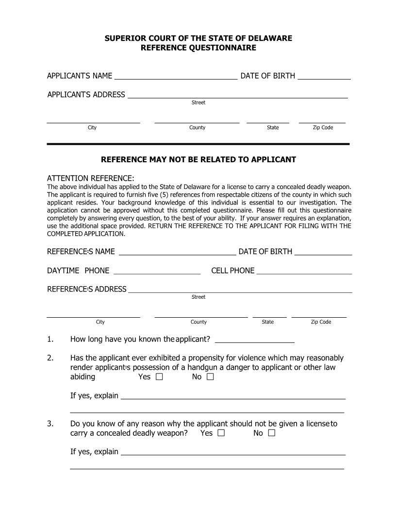 Weapons Reference Questionnaire (Concealed Deadly Weapon) {CIV_CDW_01_A} | Pdf Fpdf Docx | Delaware