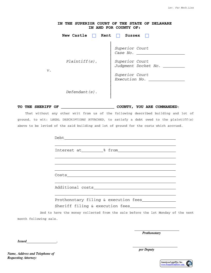 Writ Levari Facias Mechanics Lien {CIV_WRT_05_A} | Pdf Fpdf Docx | Delaware