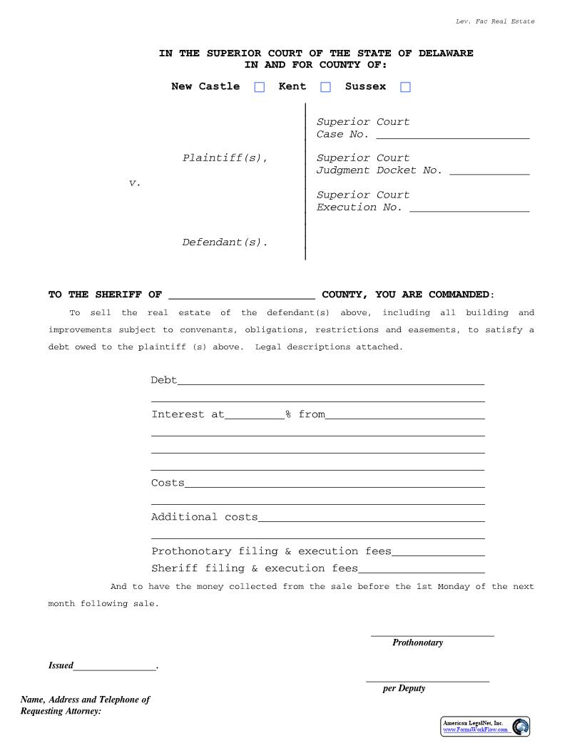 Writ Levari Facias Real Estate {CIV_WRT_04_A} | Pdf Fpdf Docx | Delaware