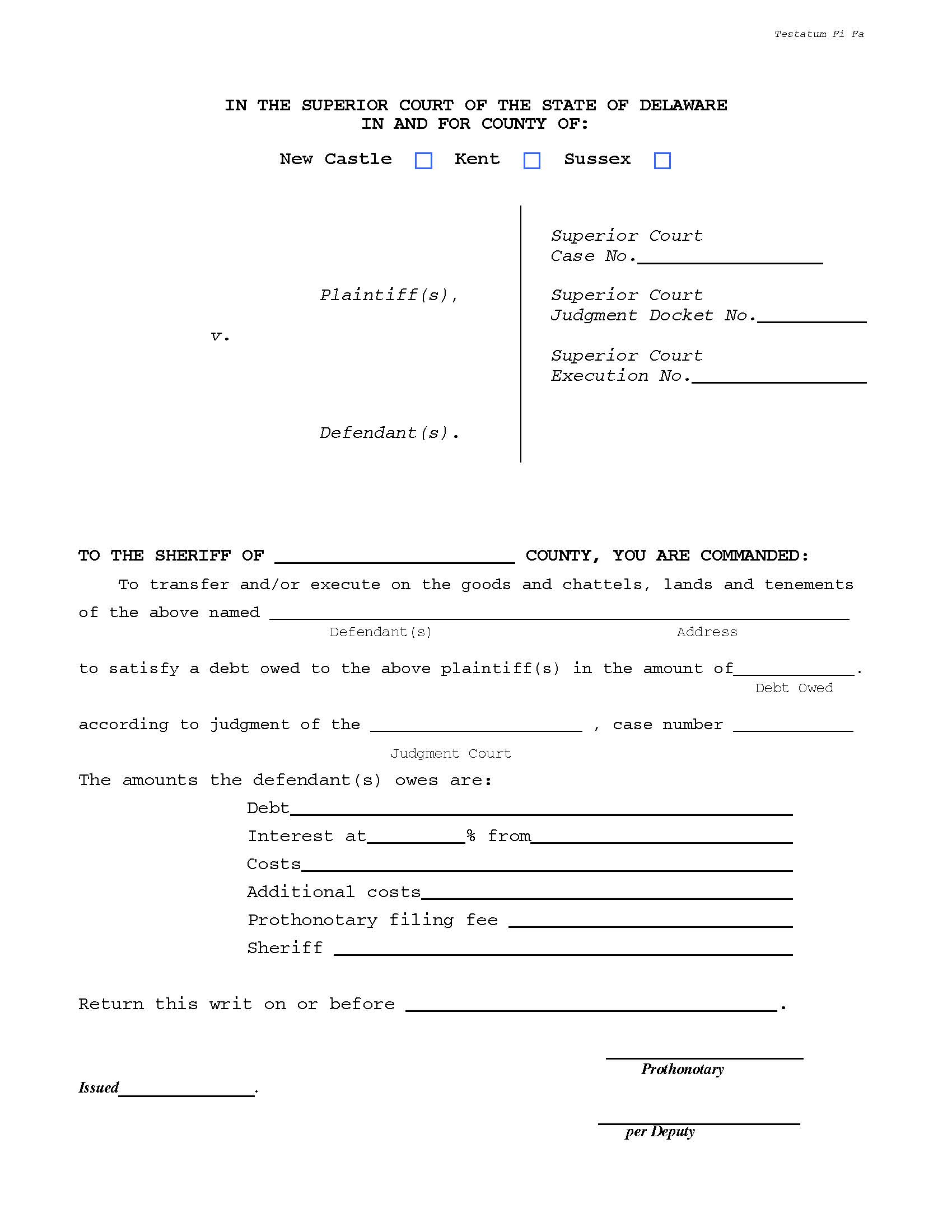 Writ Testatum Fi Fa {CIV_WRT_02_A} | Pdf Fpdf Docx | Delaware