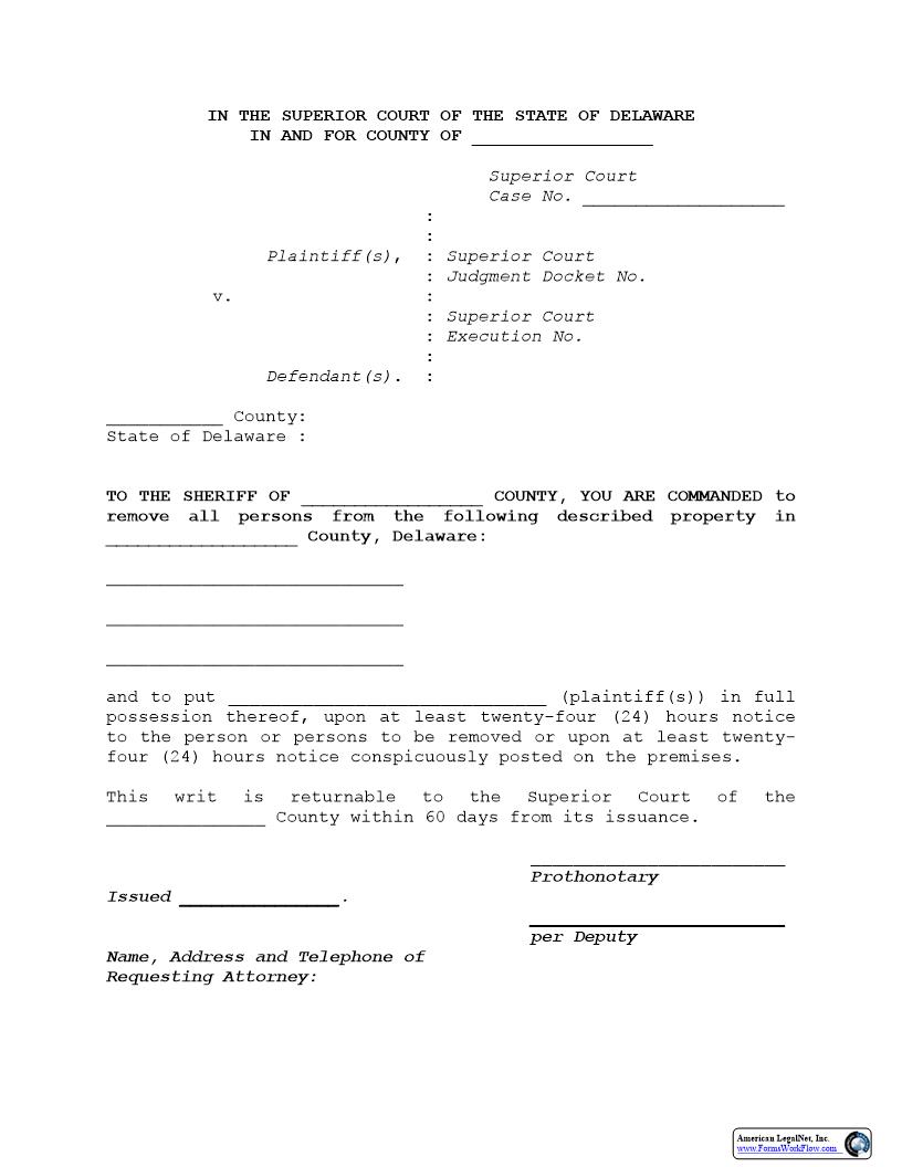 Writ-Writ Of Possession (Superior Court) {CIV_WRT_06_A} | Pdf Fpdf Docx | Delaware