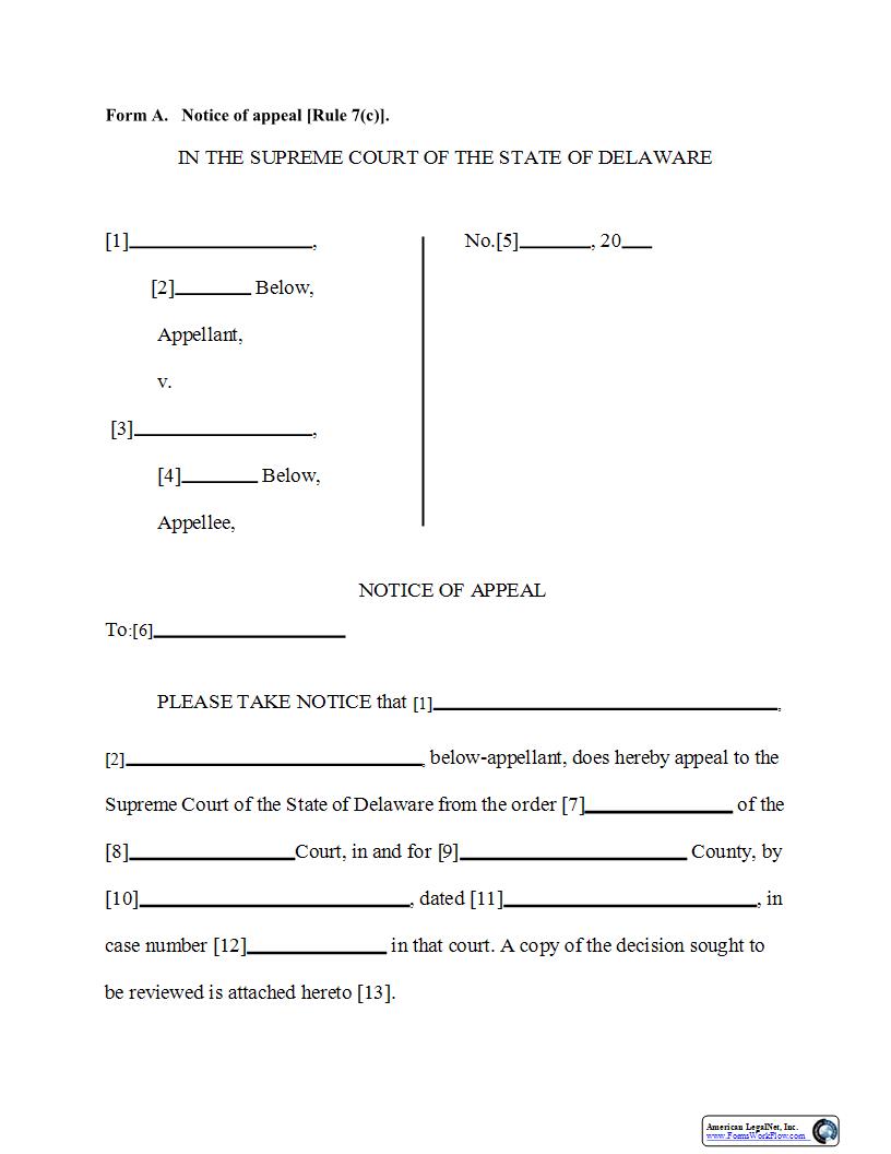 Form A Notice Of Appeal (Rule 7(c)) {Form A} | Pdf Fpdf Docx | Delaware