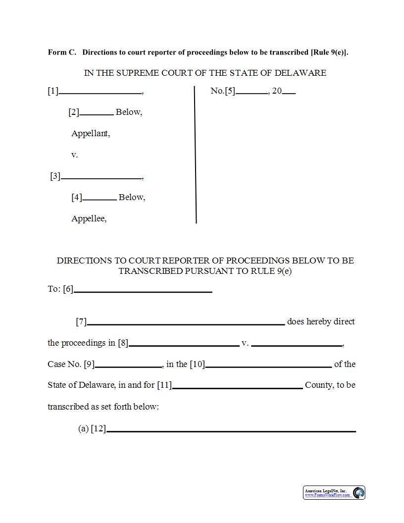 Form C Directions To Court Reporter Of Proceedings Below To Be Transcribed {Form C} | Pdf Fpdf Doc Docx | Delaware
