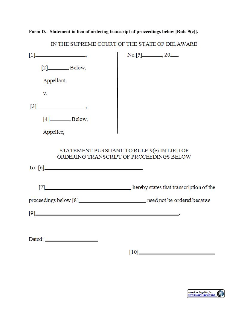 Form D Statement In Lieu Of Ordering Transcript Of Proceedings Below (Rule 9(e)) {Form D} | Pdf Fpdf Doc Docx | Delaware