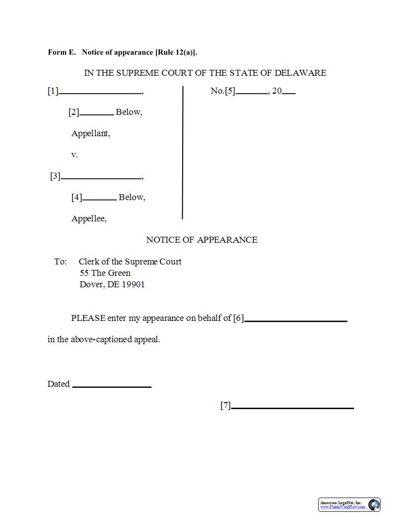 Form E Notice of Appearance (Rule 12a) {Form E} | Pdf Fpdf Docx | Delaware