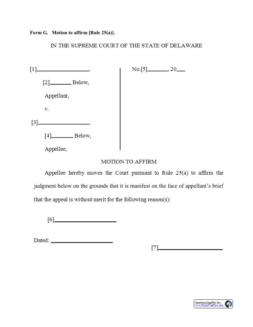 Form G Motion To Affirm (Rule 25(a)) {Form G} | Pdf Fpdf Doc Docx | Delaware
