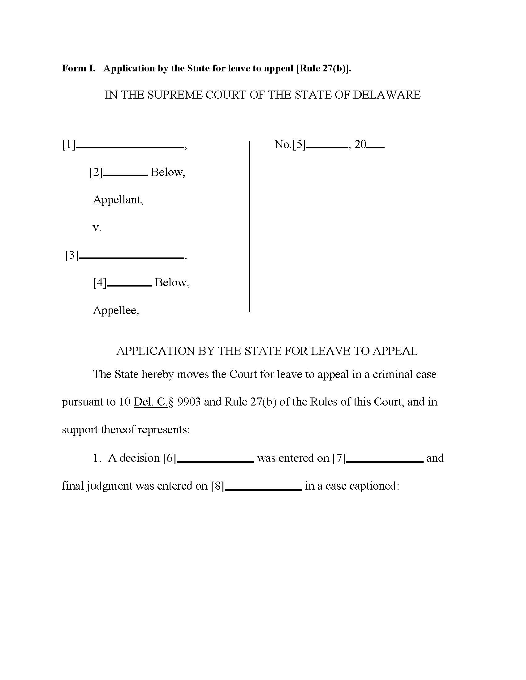 Form I Application By The State For Leave To Appeal (Rule 27(b)) {Form I} | Pdf Fpdf Doc Docx | Delaware