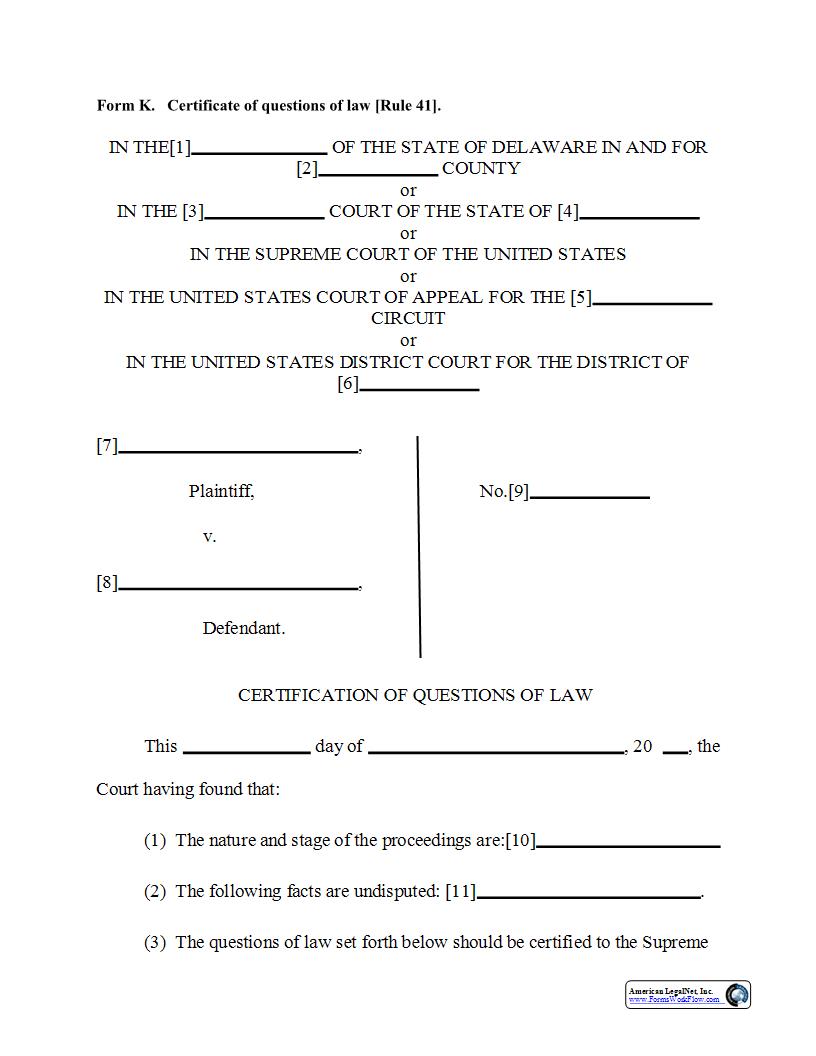 Form K Certificate Of Questions Of Law (Rule 41) {Form K} | Pdf Fpdf Doc Docx | Delaware