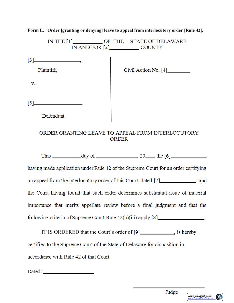Form L Order (Granting Or Denying) Leave To Appeal From Interlocutory Order {Form L} | Pdf Fpdf Doc Docx | Delaware