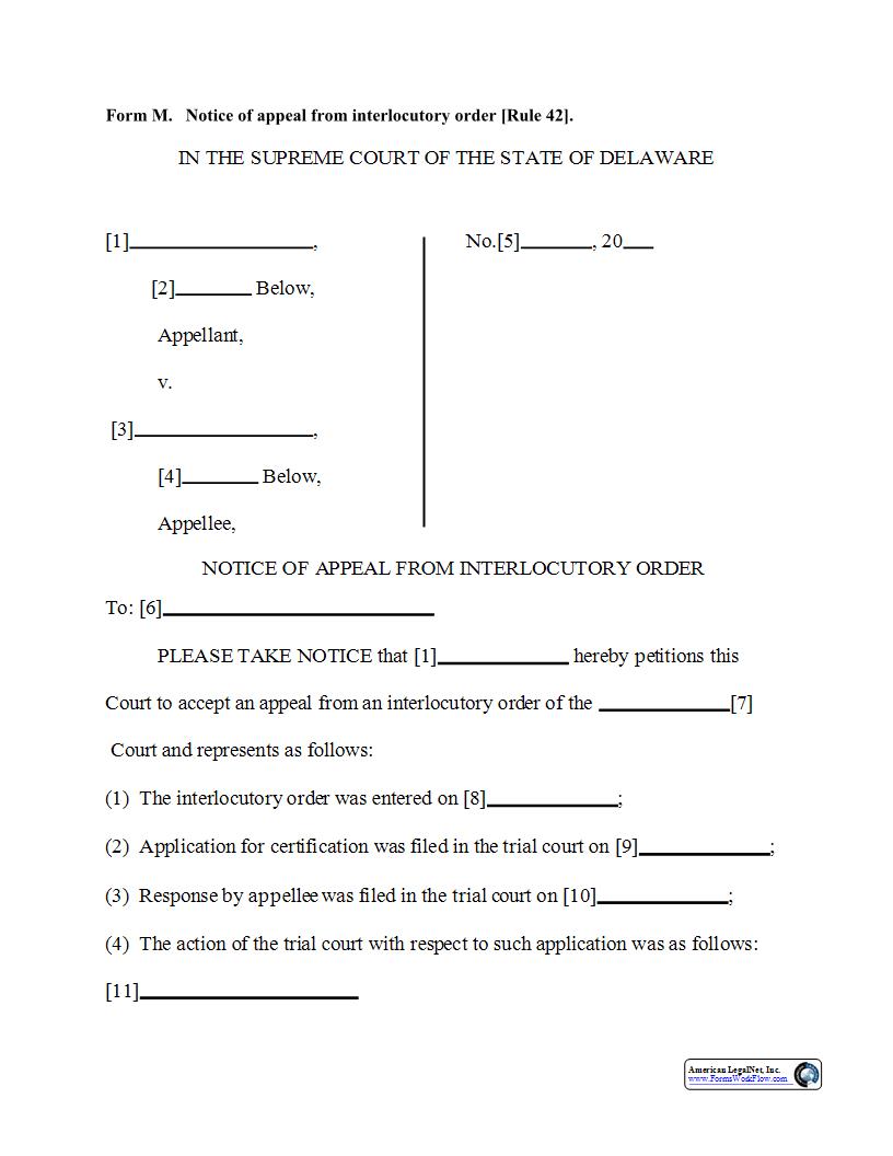 Form M Notice Of Appeal from Interlocutory Order {Form M} | Pdf Fpdf Doc Docx | Delaware