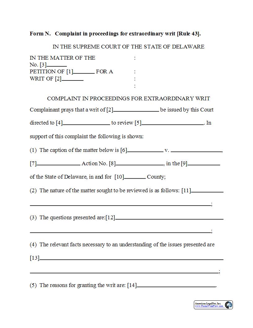 Form N Complaint In Proceedings For Extraordinary Writ (Rule 43) {Form N} | Pdf Fpdf Doc Docx | Delaware