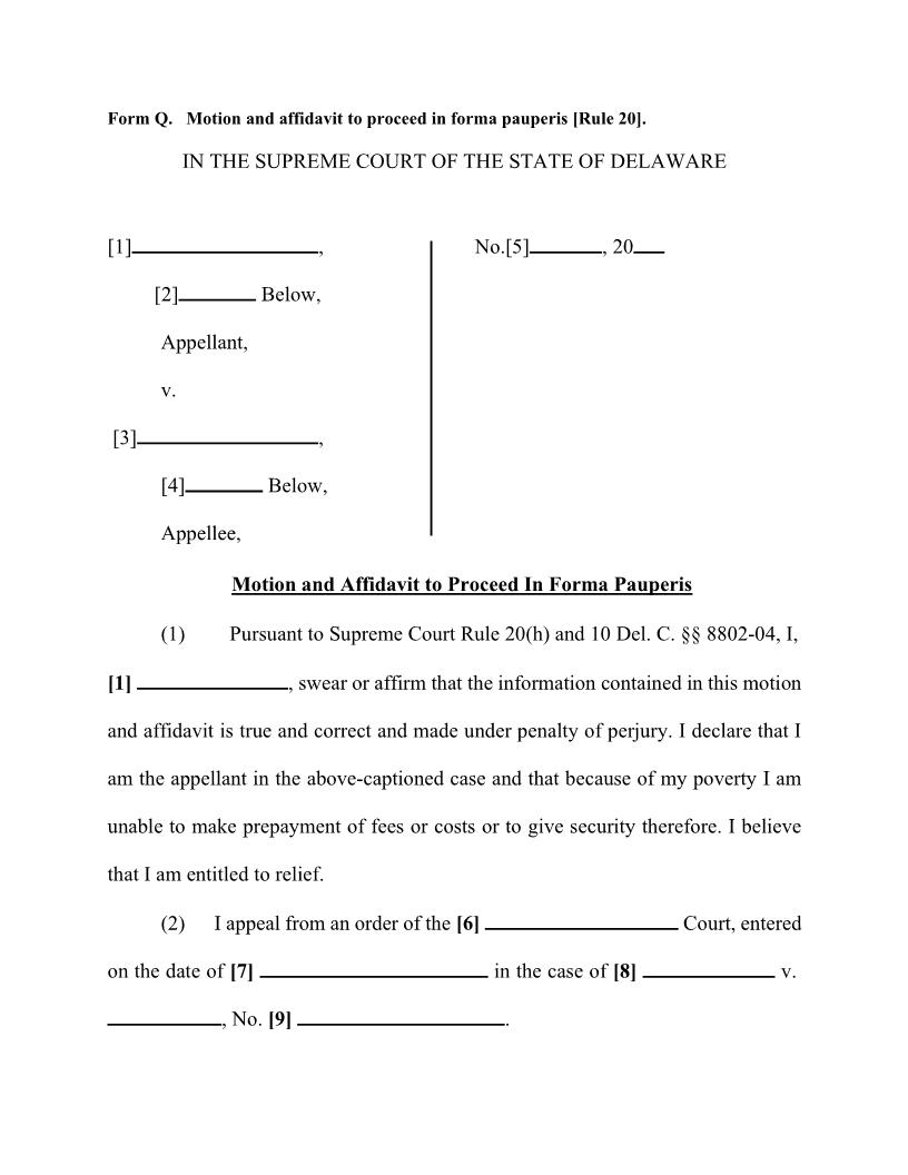 Form Q Motion And Affidavit To Proceed In Forma Pauperis {Form Q} | Pdf Fpdf Doc Docx | Delaware