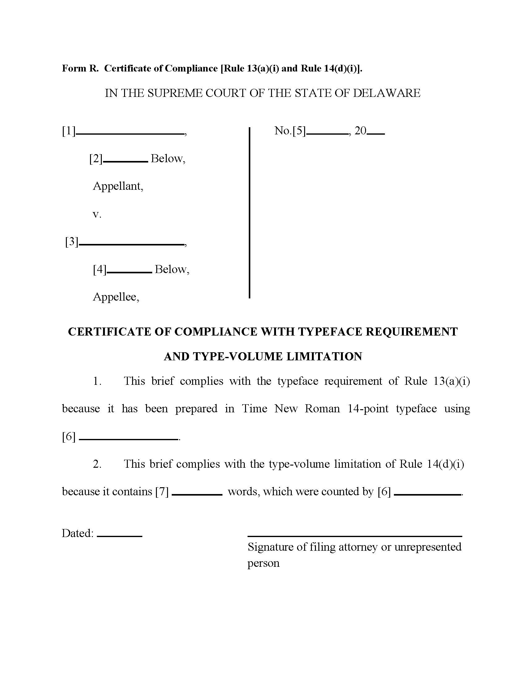 Form R Certificate Of Compliance With Typeface Requirement And Type Volume Limitation {Form R} | Pdf Fpdf Doc Docx | Delaware