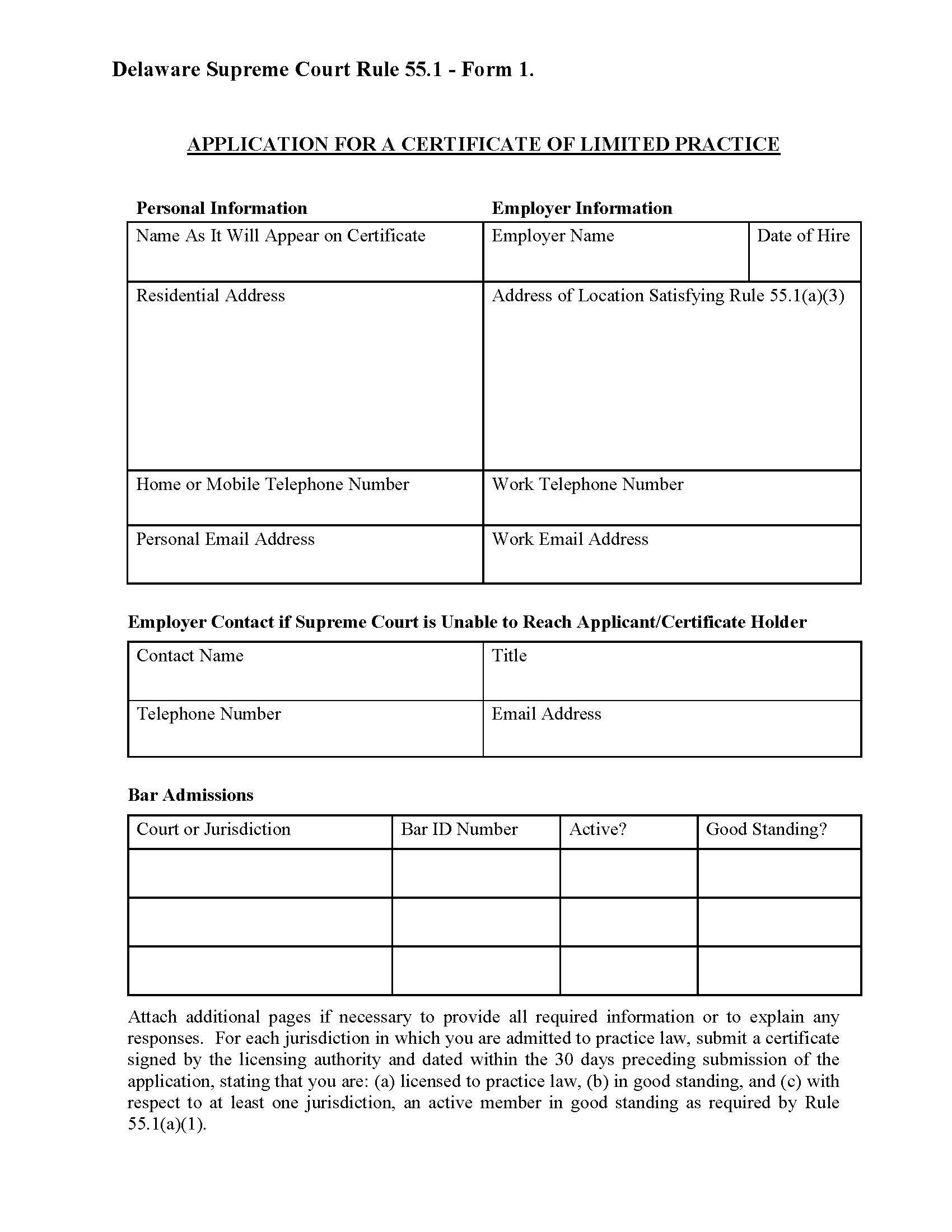 Rule 55.1 Form 1 Application For A Certificate Of Limited Practice {55.1 Form 1} | Pdf Fpdf Docx | Delaware