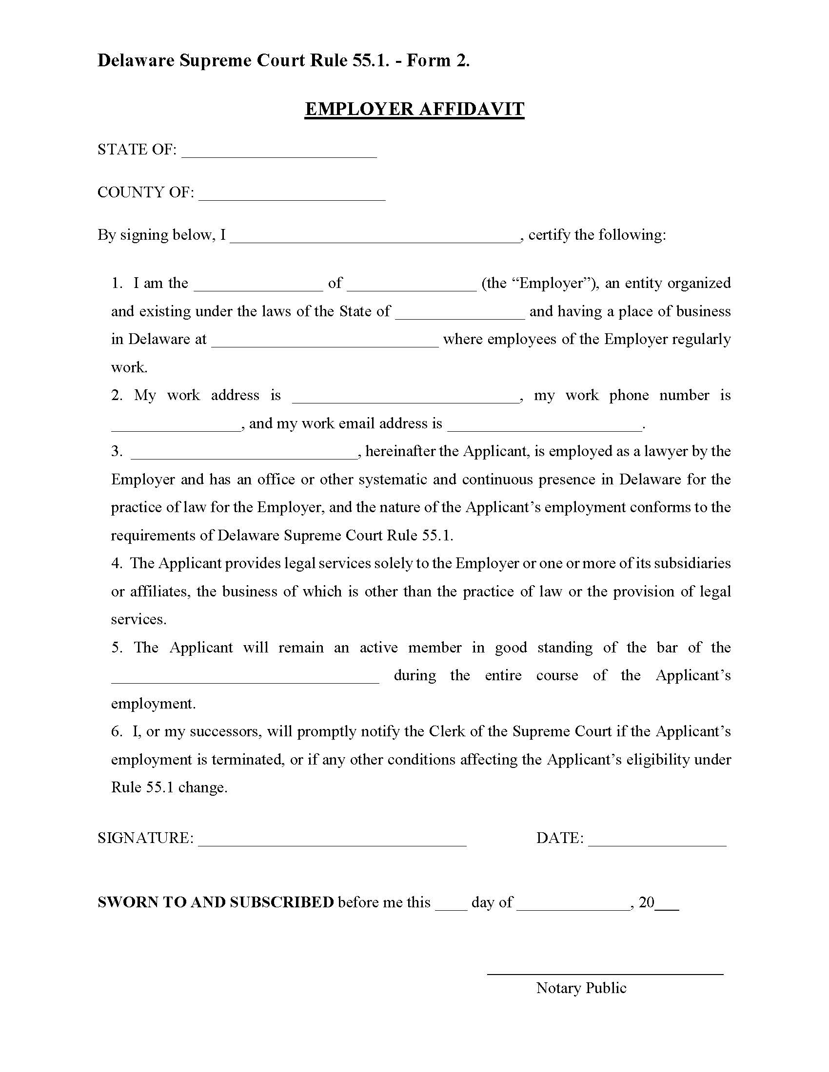Rule 55.1 Form 2 Employer Affidavit {55.1 Form 2} | Pdf Fpdf Docx | Delaware