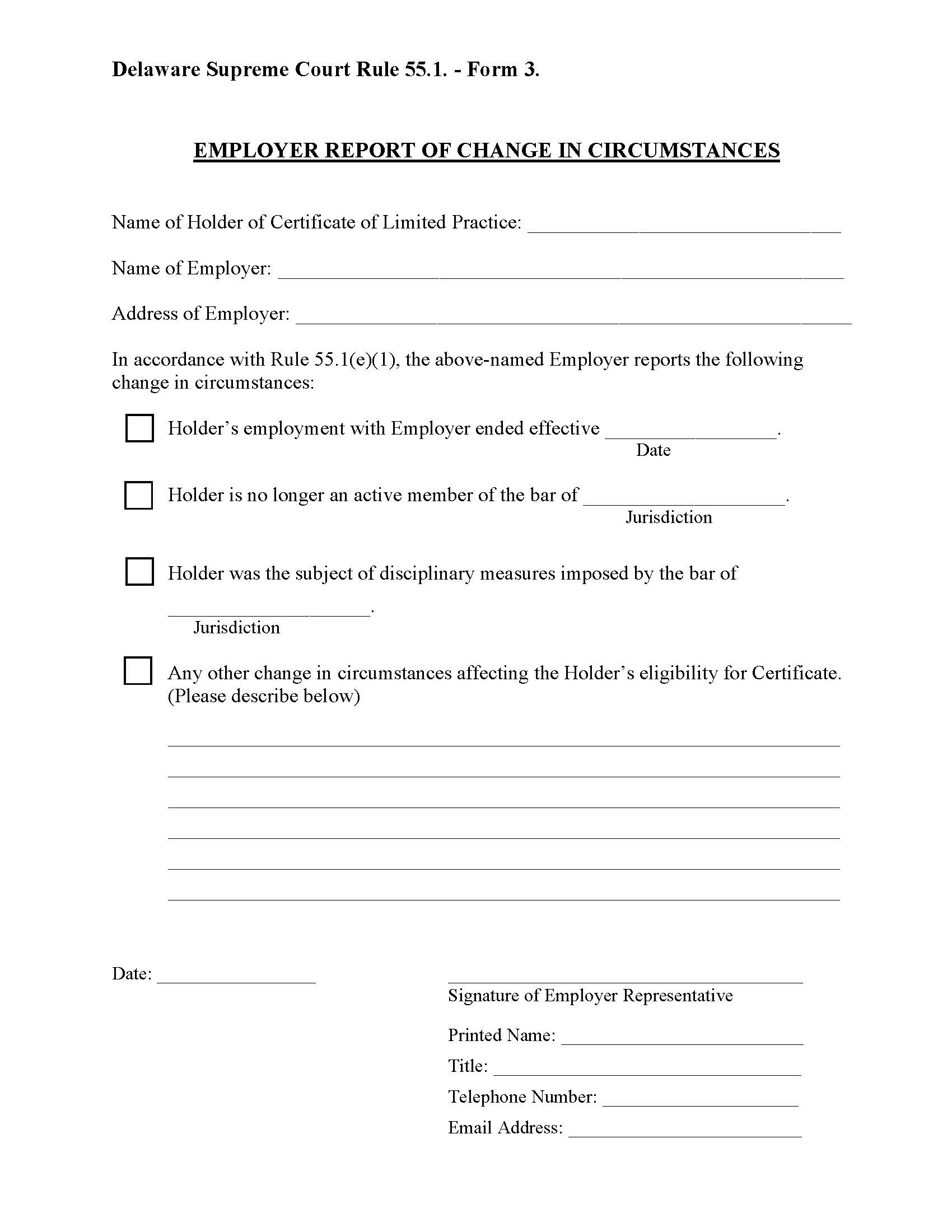 Rule 55.1 Form 3 Employer Report Of Change In Circumstances {55.1 Form 3} | Pdf Fpdf Docx | Delaware