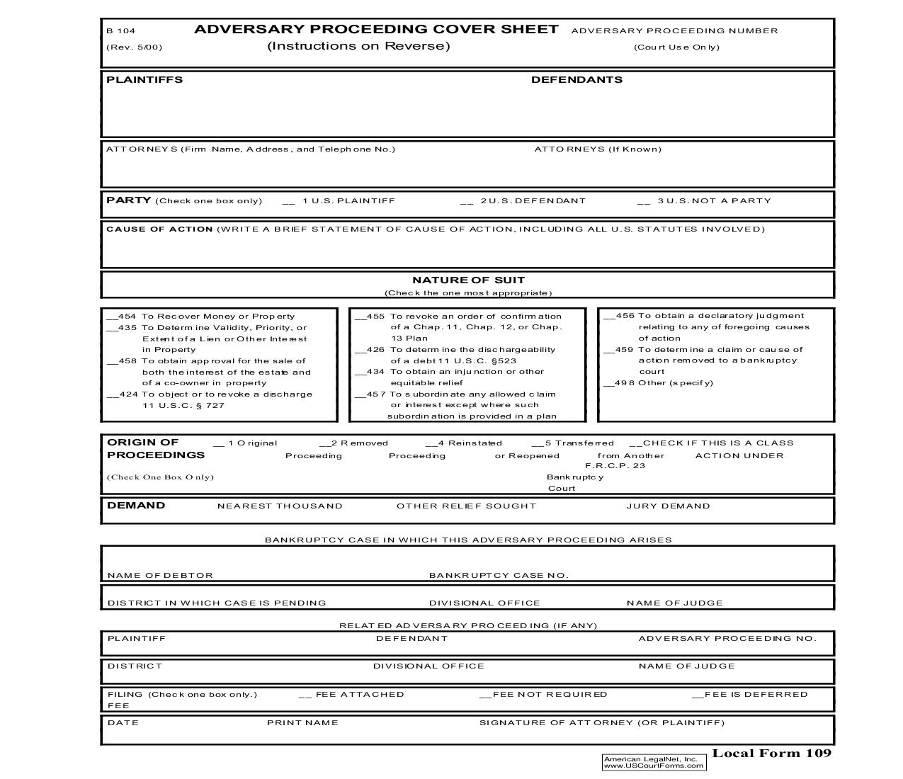 Adversary Proceeding Cover Sheet (Federal B104) {109} | Pdf Fpdf Doc Docx | Delaware