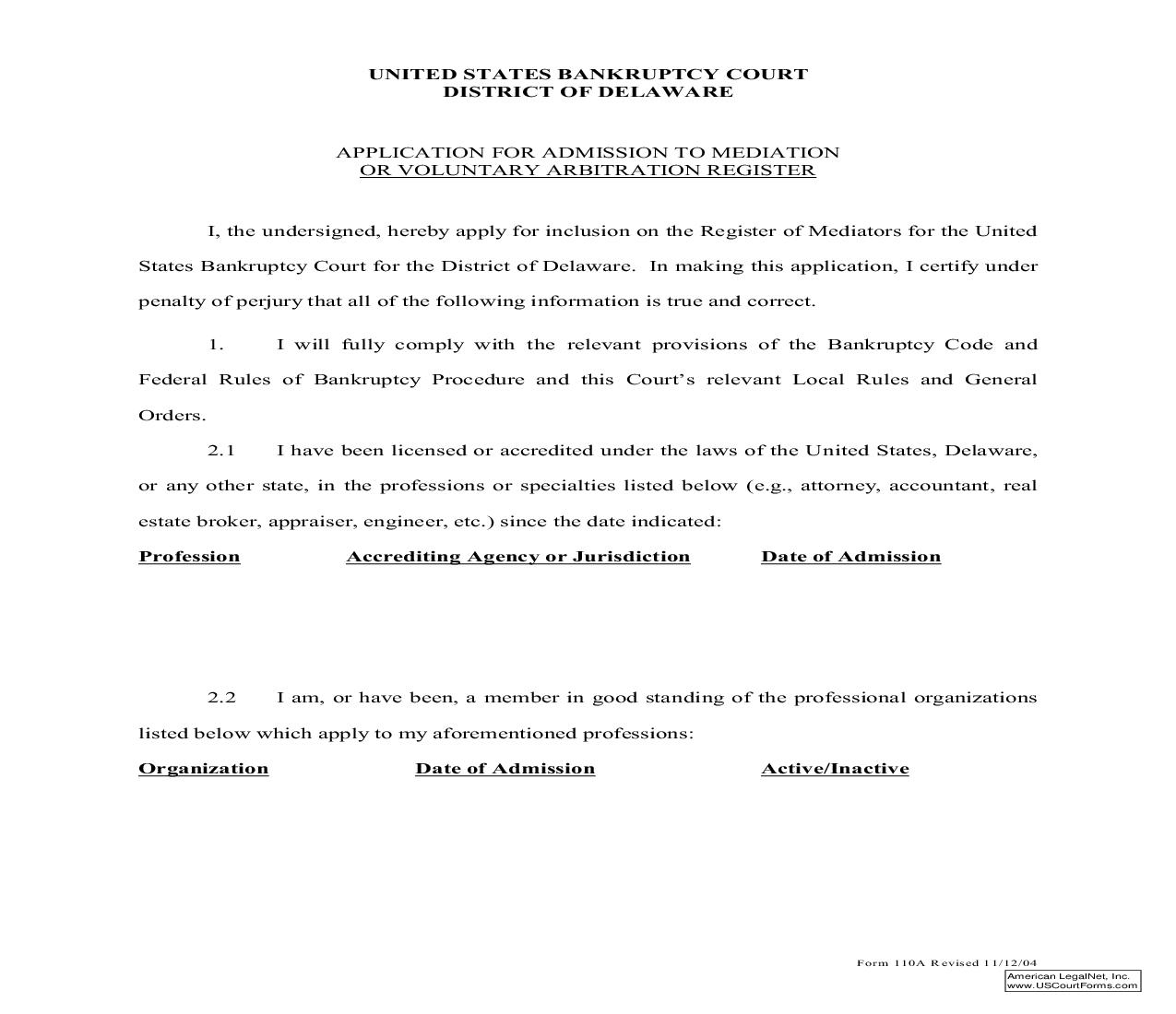 Application For Admission To Mediation Or Voluntary Arbitration Program Register {110A} | Pdf Fpdf Doc Docx | Delaware