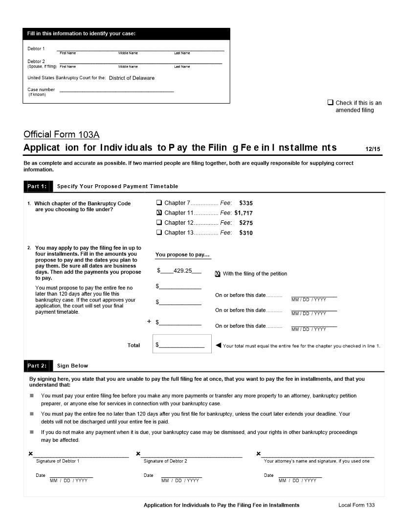 Application To Pay Filing Fees In Installments-Chapter 11 (Individual And Joint Debtors) {133} | Pdf Fpdf Docx | Delaware
