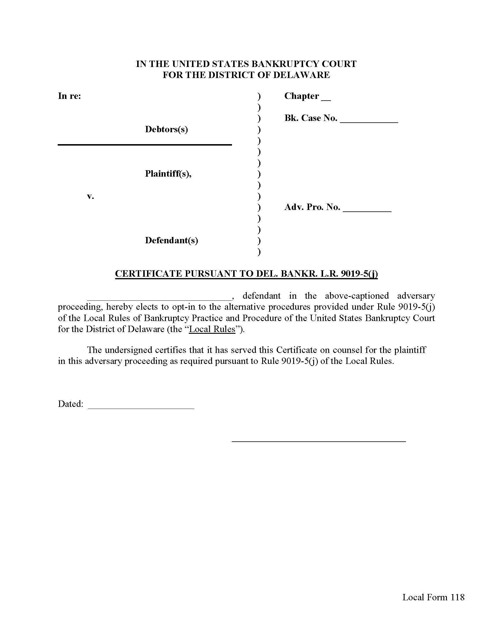 Certificate (Pursuant To Local Rule 9019-5(j) {118} | Pdf Fpdf Doc Docx | Delaware