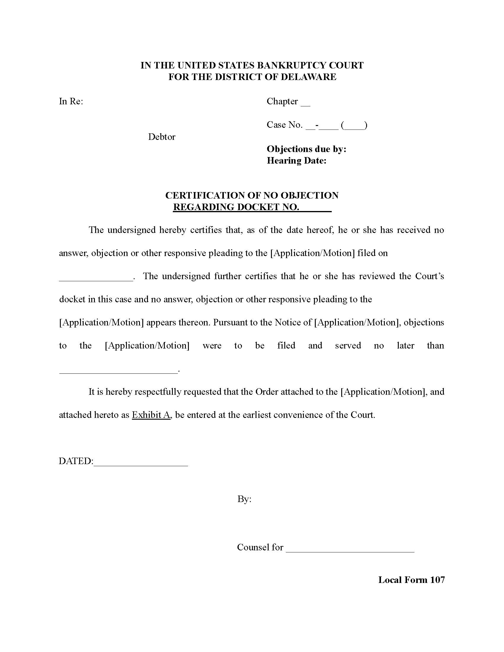 Certificate Of No Objection Regarding Docket Number {107} | Pdf Fpdf Doc Docx | Delaware