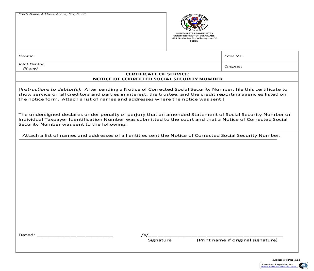 Certificate Of Service Notice Of Corrected Social Security Number {121} | Pdf Fpdf Doc Docx | Delaware
