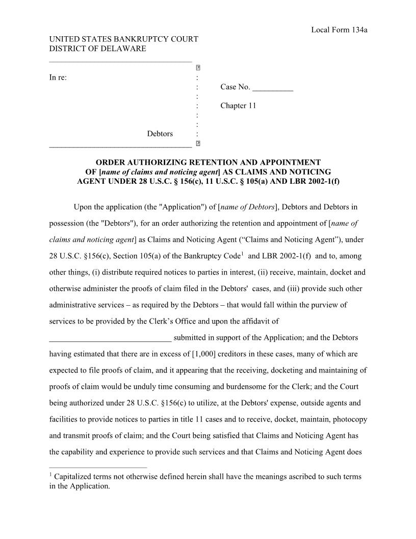 Claims Agent Retention Order {134a} | Pdf Fpdf Doc Docx | Delaware