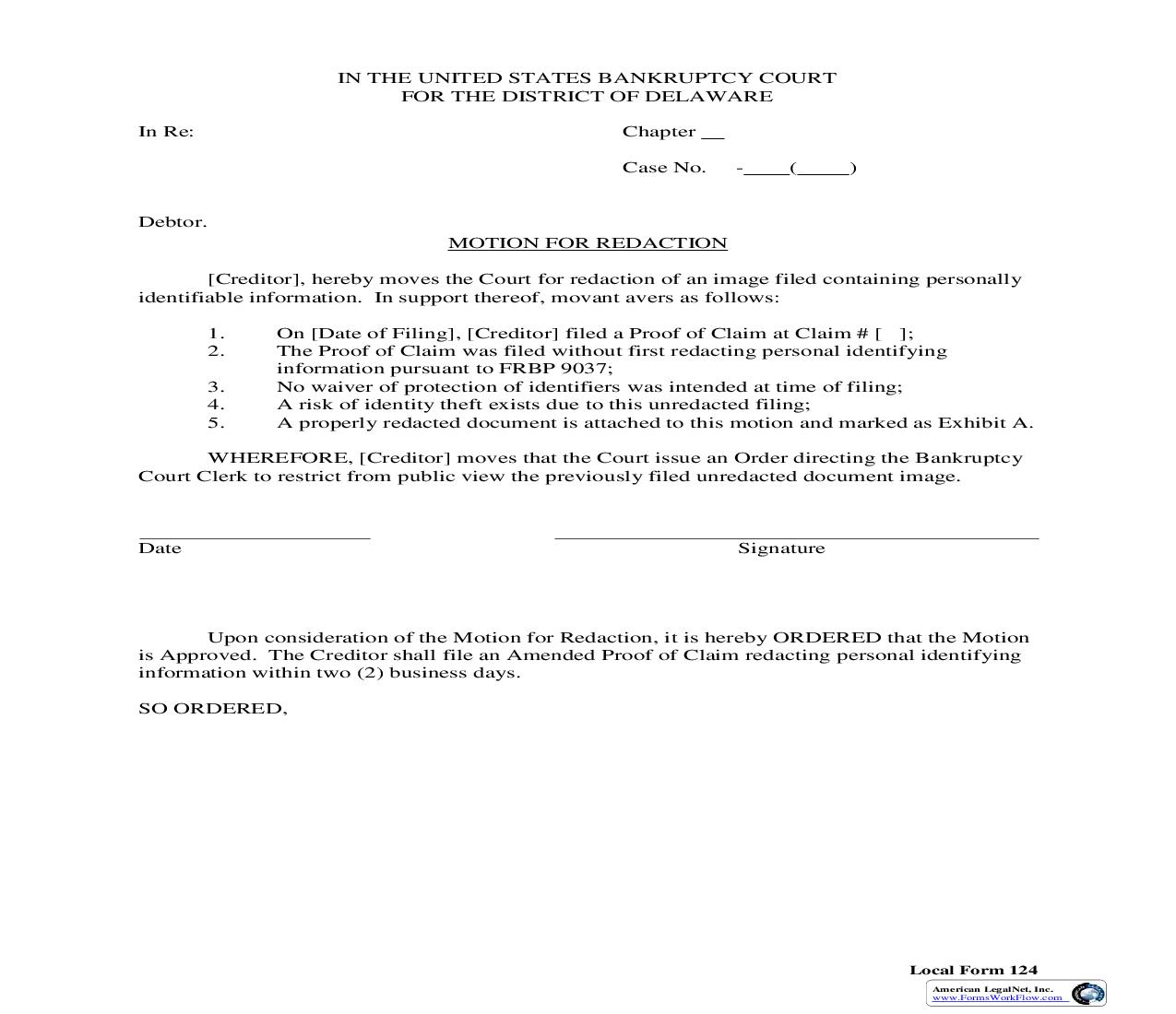 Creditor Motion For Redaction {124} | Pdf Fpdf Doc Docx | Delaware