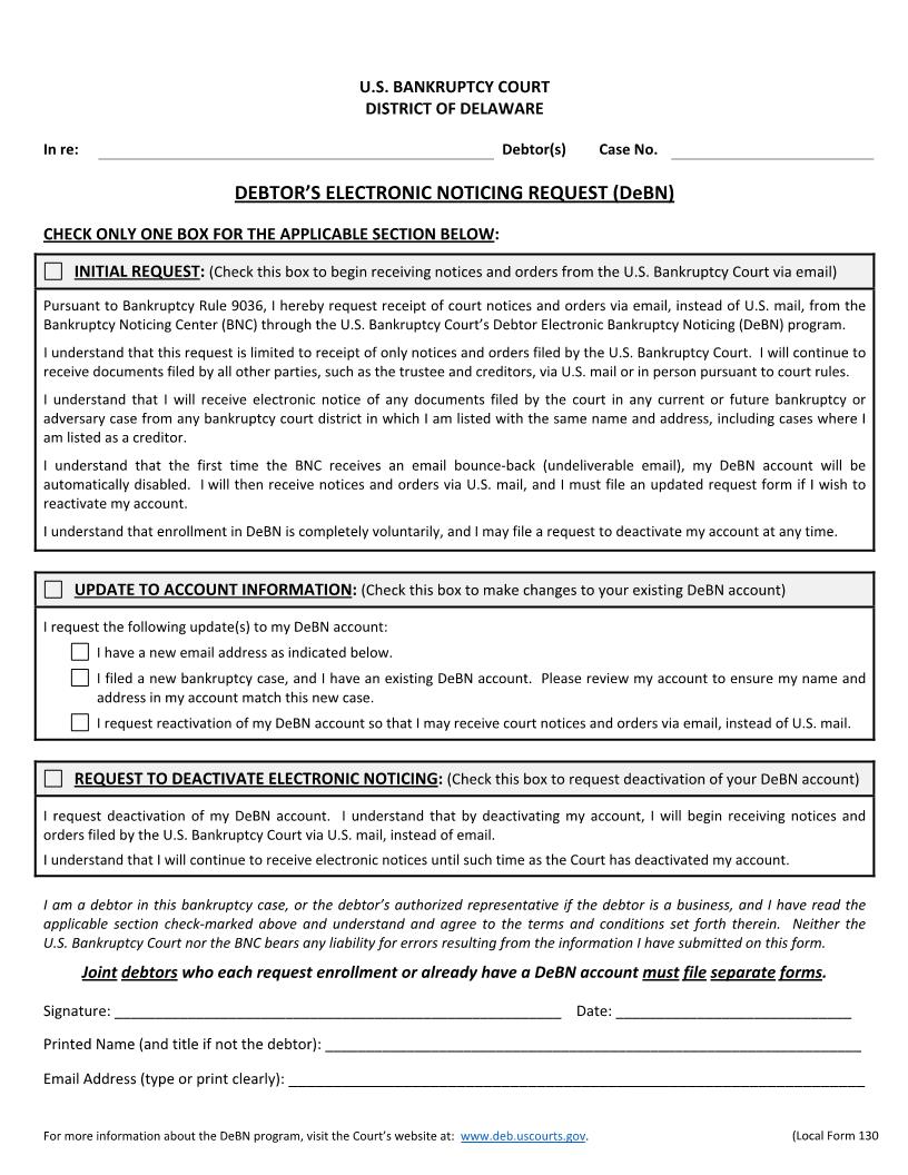 Debtors Electronic Noticing Request-DeBN {130} | Pdf Fpdf Docx | Delaware