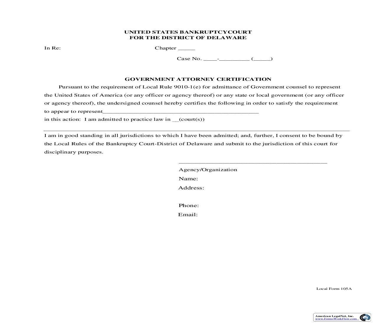 Government Attorney Pro Hac Certification {105A} | Pdf Fpdf Doc Docx | Delaware