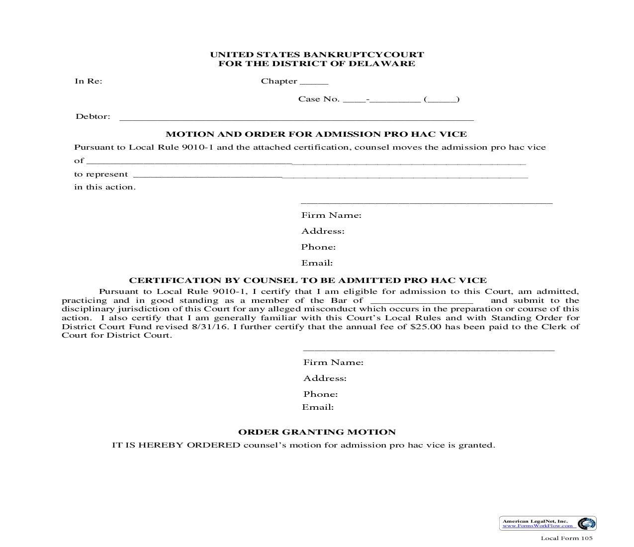 Motion And Order For Admission Pro Hac Vice {105} | Pdf Fpdf Doc Docx | Delaware